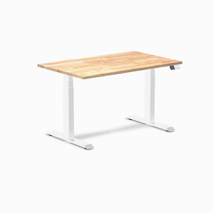Desky Dual Natural Timber Rubberwood Sit Stand Desk 120x75cm White Frame Leg