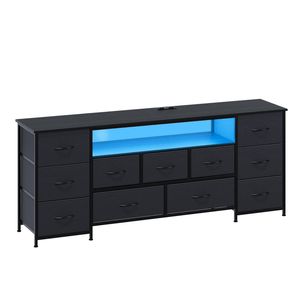 Ufurniture 160cm TV Stand with 11 Fabric Drawers RGB LED Entertainment Center Media Console Cabinet, Black