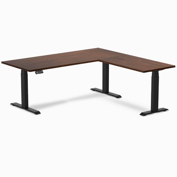Desky L-shape Sit To Stand Red Walnut Rubberwood Desk 1800x750x1750x600mm Matte Black Leg