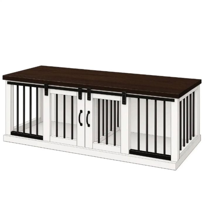 Paws and Willow Double Arctic White with Espresso Top Wooden Dog Crate Barn Doors with Bars