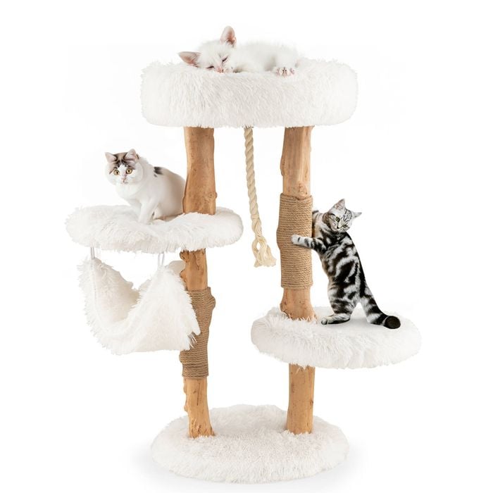 Costway 87cm Wood Cat Tree Scratching Post Kitty Condo House Furniture W/hammock White