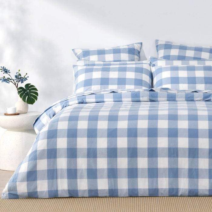 Dreamaker Remy Washed Cotton Yarn Dyed Check Quilt Cover Set Cornflower Double