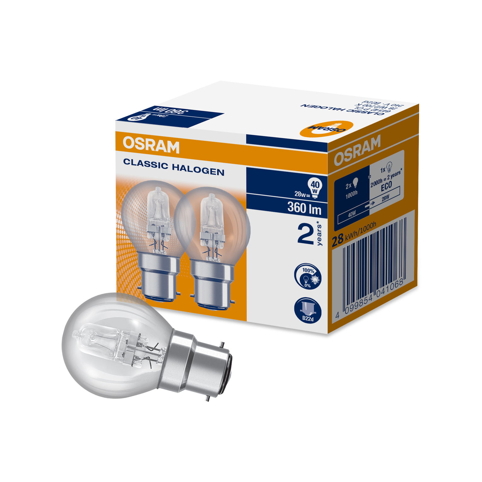 Osram Halogen Fancy Round BC 360lm Clear 28W Light Globe - 2 Pack