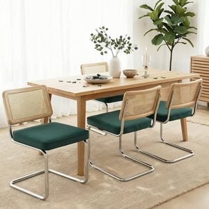 HOMFURN Set of 4 Velvet Cantilever Dining Chairs , Green Rattan Back & Steel Frame , Modern Home & Office Accent Seat
