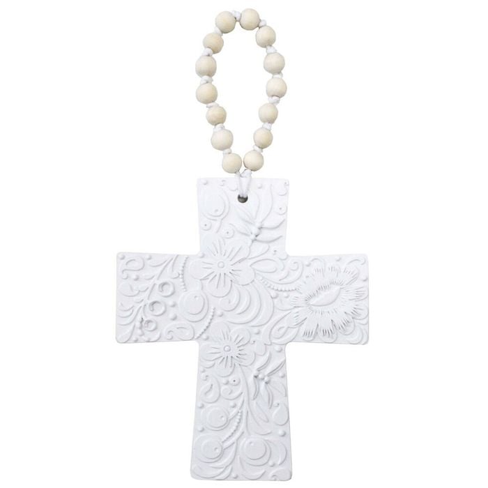 LVD Resin Hanging Cross Large Embossed Decoration 18x2.3x22.5cm White