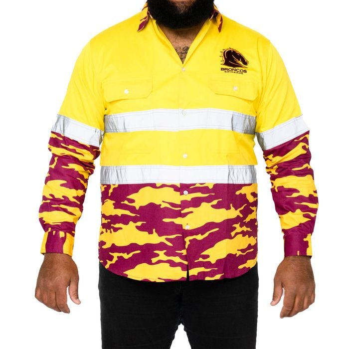 NRL Broncos 'Camo' Hi-Vis L/S Cotton Drill Shirt - Large
