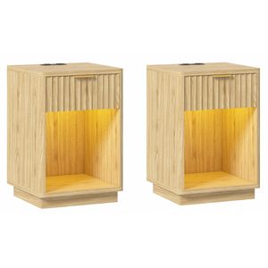Advwin 2xFluted LED Bedside Table with Charging Station,Wooden Drawer & Shelf, Oak