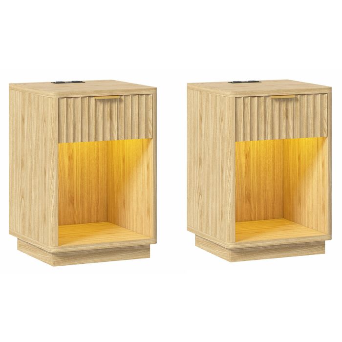 Advwin 2xFluted LED Bedside Table with Charging Station,Wooden Drawer & Shelf, Oak