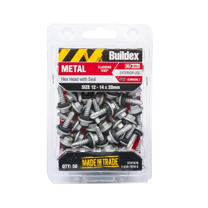 Buildex 12-14 x 20mm Climaseal Hex Head With Seal Cladding Tek Screws - 50 Pack