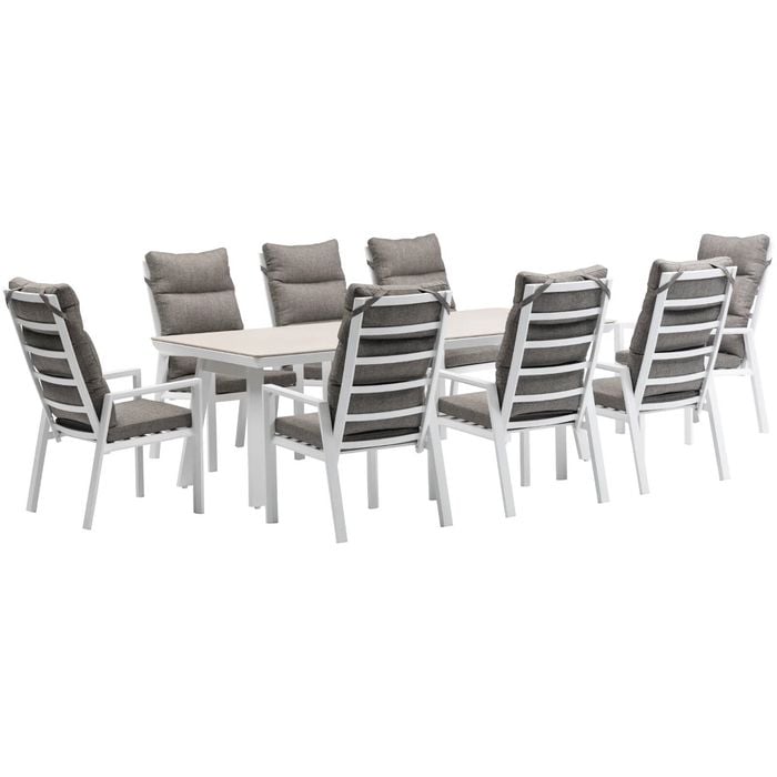 FurnitureOkay Mosman-Capri 9-Piece Sintered Stone Outdoor Dining Setting - White