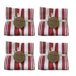 4x3pc Cdsi Eleanor Tea Towel Striped Recycled Cotton Set Red 50x70cm