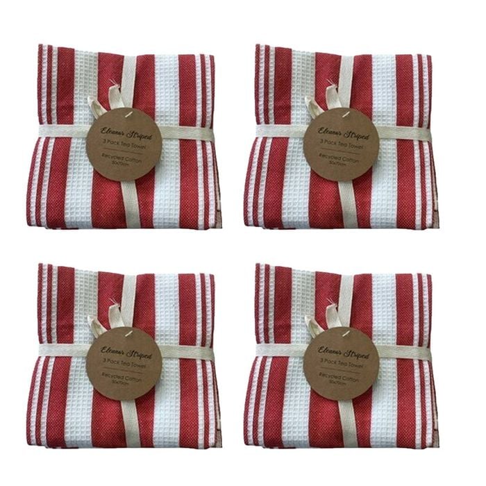 4x3pc Cdsi Eleanor Tea Towel Striped Recycled Cotton Set Red 50x70cm
