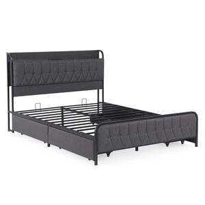Bellos Living Grey Fabric Bed with Storage Bedhead, Charging Station and 4 Drawers Double