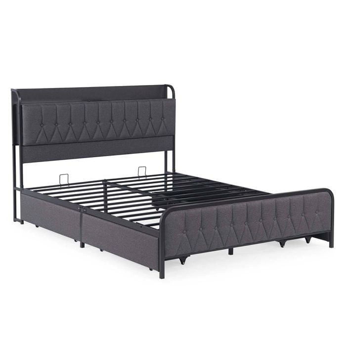 Bellos Living Grey Fabric Bed with Storage Bedhead, Charging Station and 4 Drawers Double
