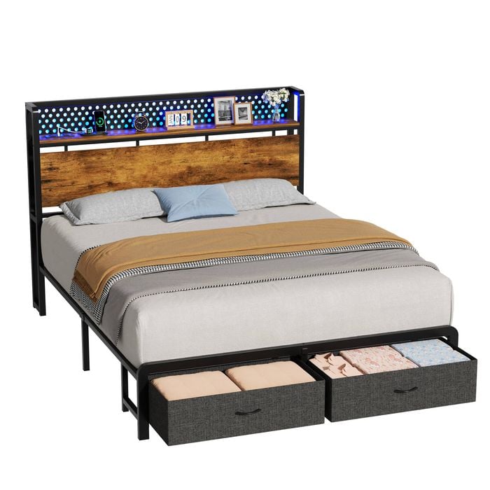 Advwin Queen Size Led Bed Frame With 2 Storage Drawers And Charging Station,storage Headboard Retro Brown