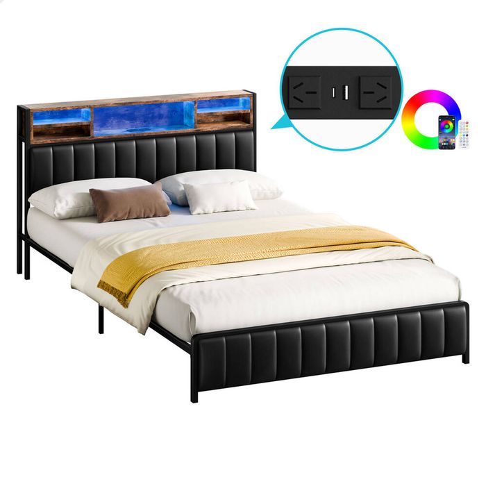 ALFORDSON Bed Frame Queen LED Charging Station Leather