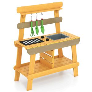 Costway Outdoor Mud Kitchen Wood Pretend Play Kitchen Sensory Activity Station-Natural