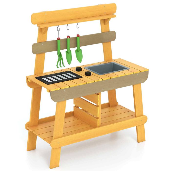 Costway Outdoor Mud Kitchen Wood Pretend Play Kitchen Sensory Activity Station-Natural
