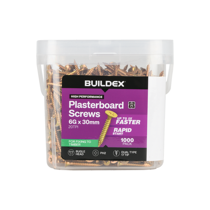 Buildex Plasterboard Screws Bugle Head 6G x 30mm Gold Passivated - 1000 Pack