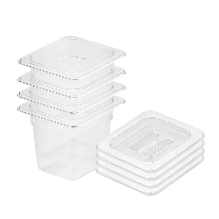 SOGA 1/6 GN Polycarbonate Food Pan 150mm Clear 4 Pack with Lids