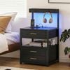 Advwin Bedside Table With Charging Station And Led Lights 3 Drawers And Top Storage Groove Black