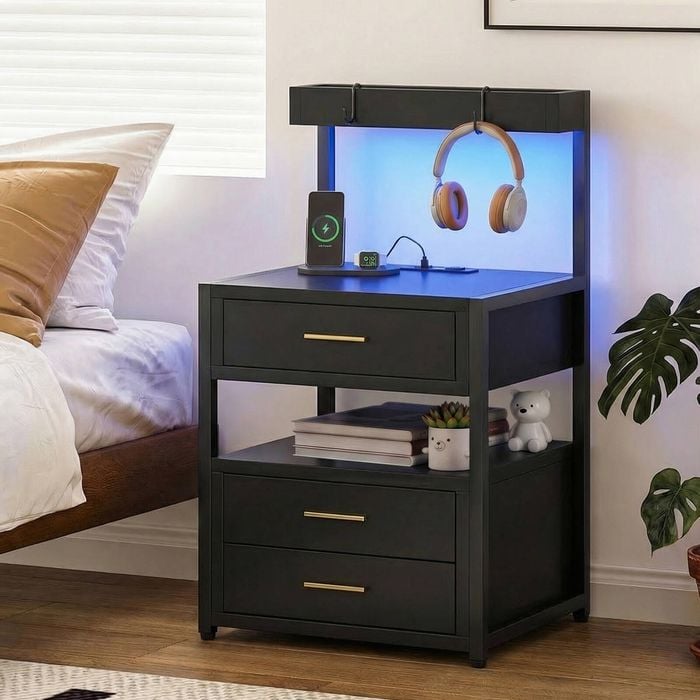 Advwin Bedside Table With Charging Station And Led Lights 3 Drawers And Top Storage Groove Black