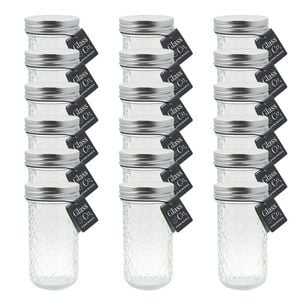18PK Glass & Co Cleo Round Silver Lid Quilted Preserving Jar 350ml Clear