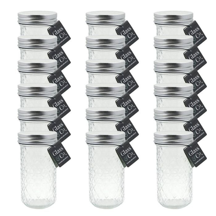 18PK Glass & Co Cleo Round Silver Lid Quilted Preserving Jar 350ml Clear