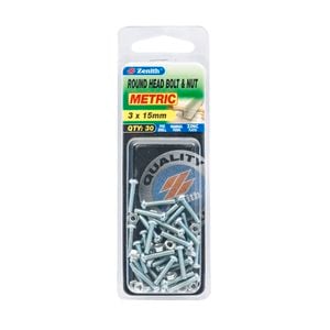 Zenith 3 x 15mm Zinc Plated Round Head Bolt And Nut - 30 Pack