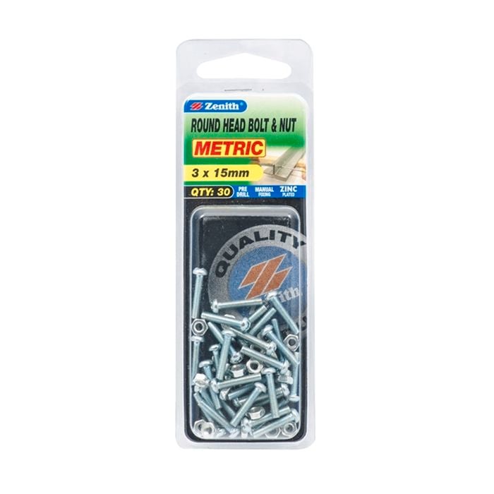 Zenith 3 x 15mm Zinc Plated Round Head Bolt And Nut - 30 Pack