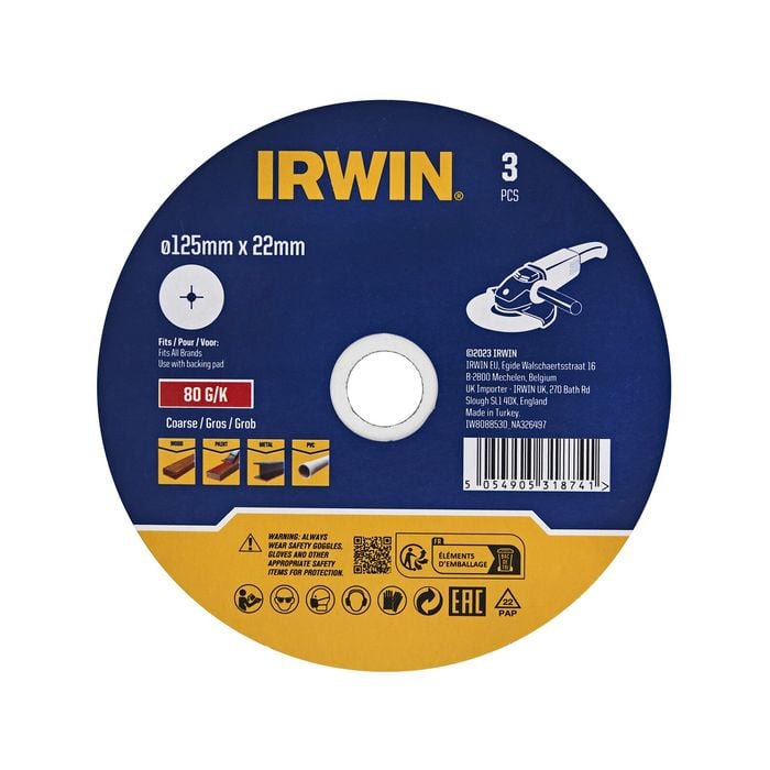 IRWIN 125mm 80 Grit Fibre Sanding Disc - 3 Pack