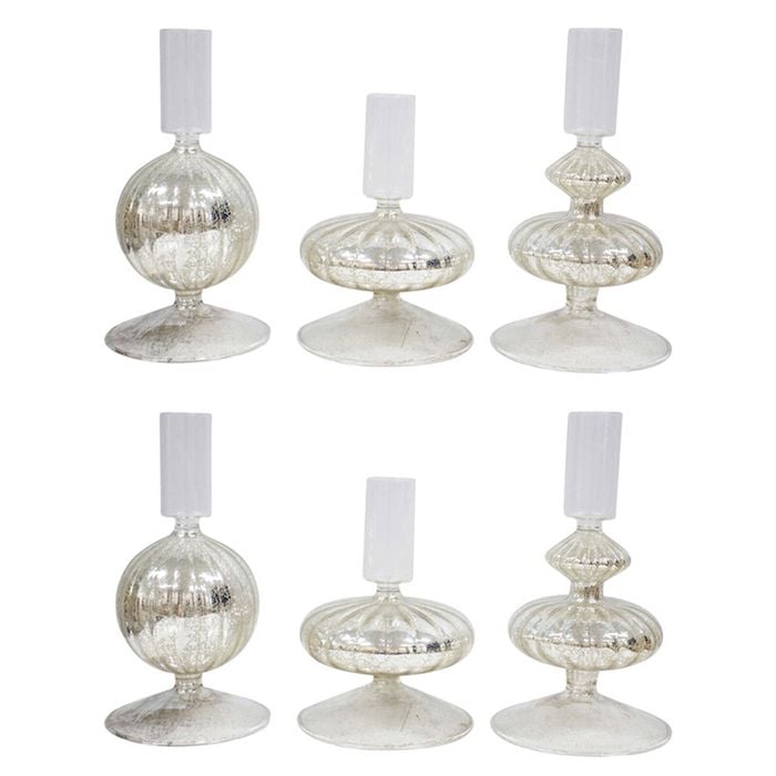 2x LVD 3pc Glass Sparkle 13/16cm Taper Stick Candle Holder Set - Silver