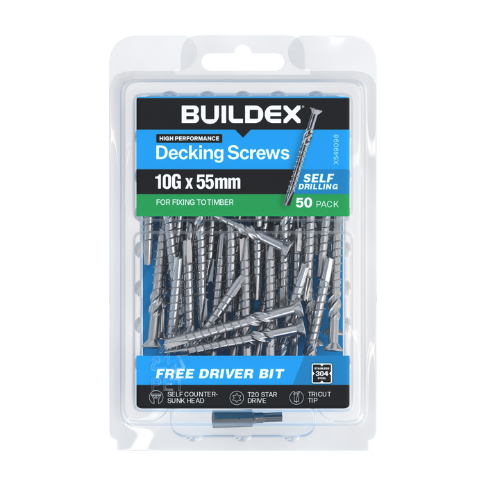 Buildex 10G x 55mm 304 Stainless Steel Decking Screws - 50 pack