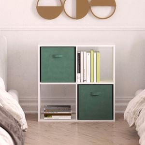 2 x 2 cube storage white unit with green fabric inserts in a twins bedroom