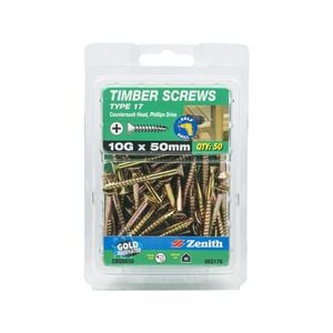 Zenith 10G x 50mm Gold Passivated Type 17 Countersunk Head Timber Screw - 50 Pack