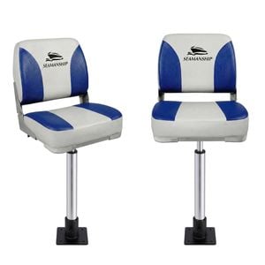 Seamanship 2X Folding Boat Seats with 2X Pedestals 55–75cm Marine Swivel 13cm Padding White Blue