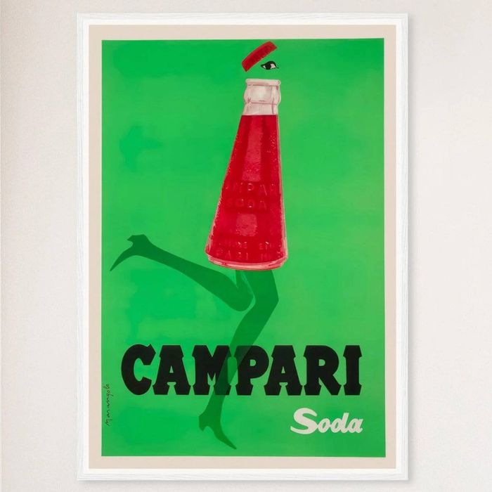 Galrie Vintage Campari Poster - Iconic Red Bottle with Green Legs for Retro Home Decor, White Frame, A2 42 x 60cm (16 x 24inch)