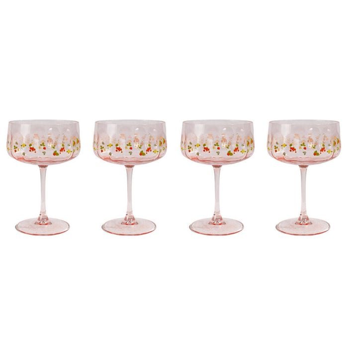 2x 2pc Urban Strawberry Fields Floral Coupe Champagne Drinking Glasses 16cm Pink