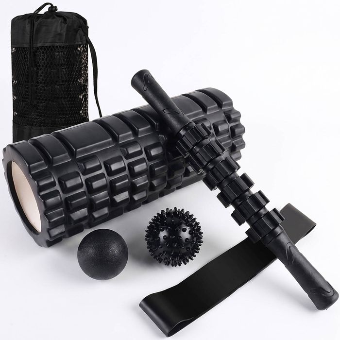 PROFLEX 6-Piece Foam Roller & Massage Set with Massage Stick, Balls, Stretching Band & Carry Bag, Black