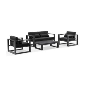 Santorini 2+1+1 Outdoor Aluminium Lounge Set Charcoal With Coffee Table & Denim Grey Cushions