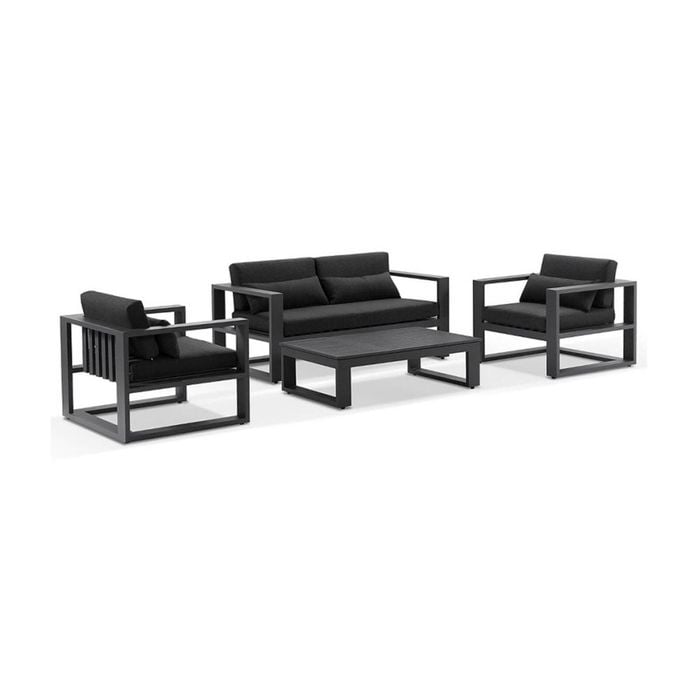 Santorini 2+1+1 Outdoor Aluminium Lounge Set Charcoal With Coffee Table & Denim Grey Cushions