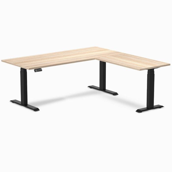 Desky Eco L-shape Sit To Stand Classic Oak Melamine Desk 1800x1750mm Matte Black Height Adjustable Leg