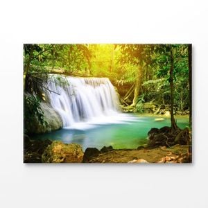 Waterfall in Forest with Sunlight Print 100% Australian Made 150x100cm (Stretched Canvas)