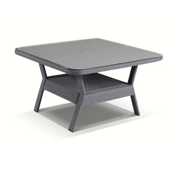 Low Dining Table 1.2m Square Glass Top In Textured Wicker Brushed Grey
