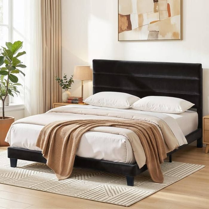 Homfurn King Bed Frame Upholstered Platform With Geometric Headboard Black Velvet