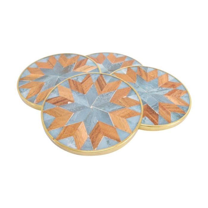 4pc Lvd Handcrafted Blue Marbelised Trim Metal Coaster Set Tableware 10cm