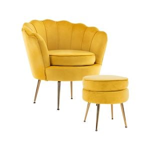 La Bella Shell Scallop Yellow Armchair Accent Chair Velvet + Round Ottoman Footstool