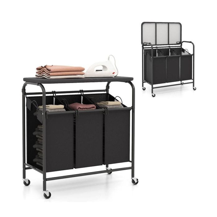 Costway 3-Bag Laundry Sorter Cart Heavy Duty Laundry Hamper Basket w/Foldable Board Grey