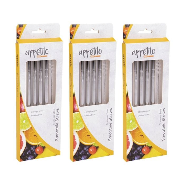 3x 4pc Appetito Stainless Steel Straight Smoothie Straws Set W/ Brush