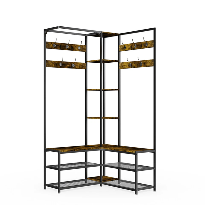 P&P Brown Industrial Corner Hall Tree With Shelves, Hooks & Bench Seats – Rustic Wood & Metal